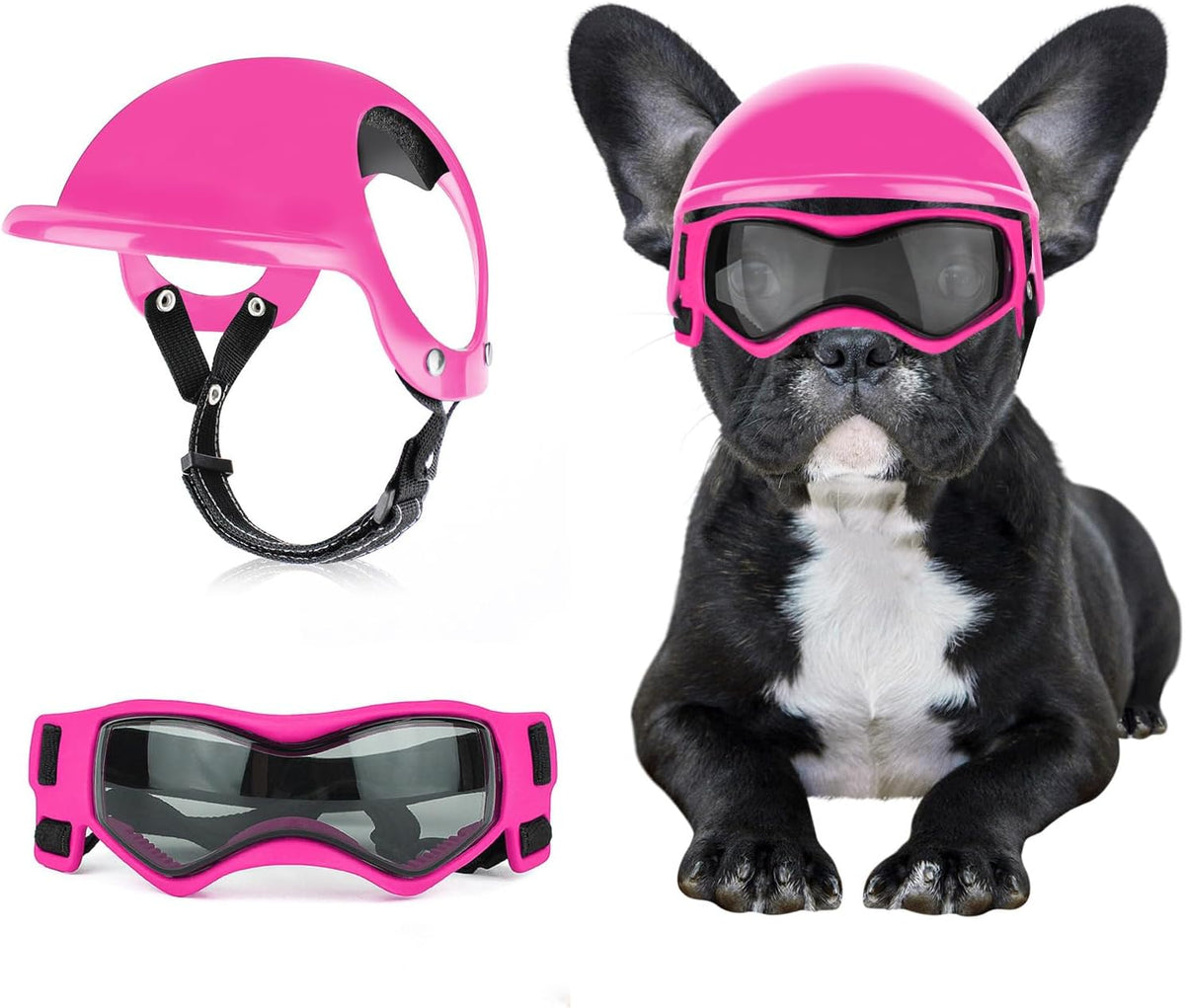 Dog Helmet and Goggles for Small Dogs - Pet Goggles Pet Motorcycle Helmet Hat with Ear Holes Adjustable Straps Safety He