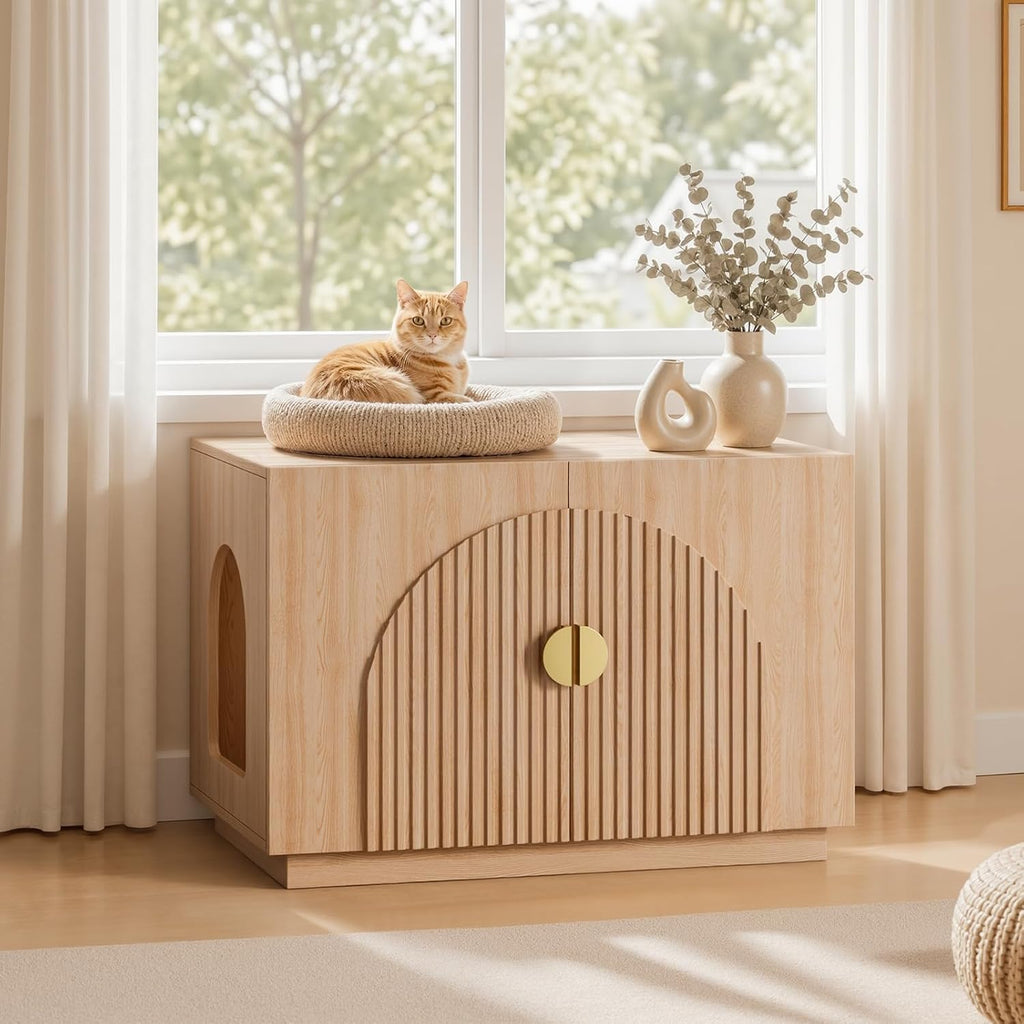 Amunrbrek Cat Litter Box Enclosure Furniture, 31.5" Arched Fluted Cabinet