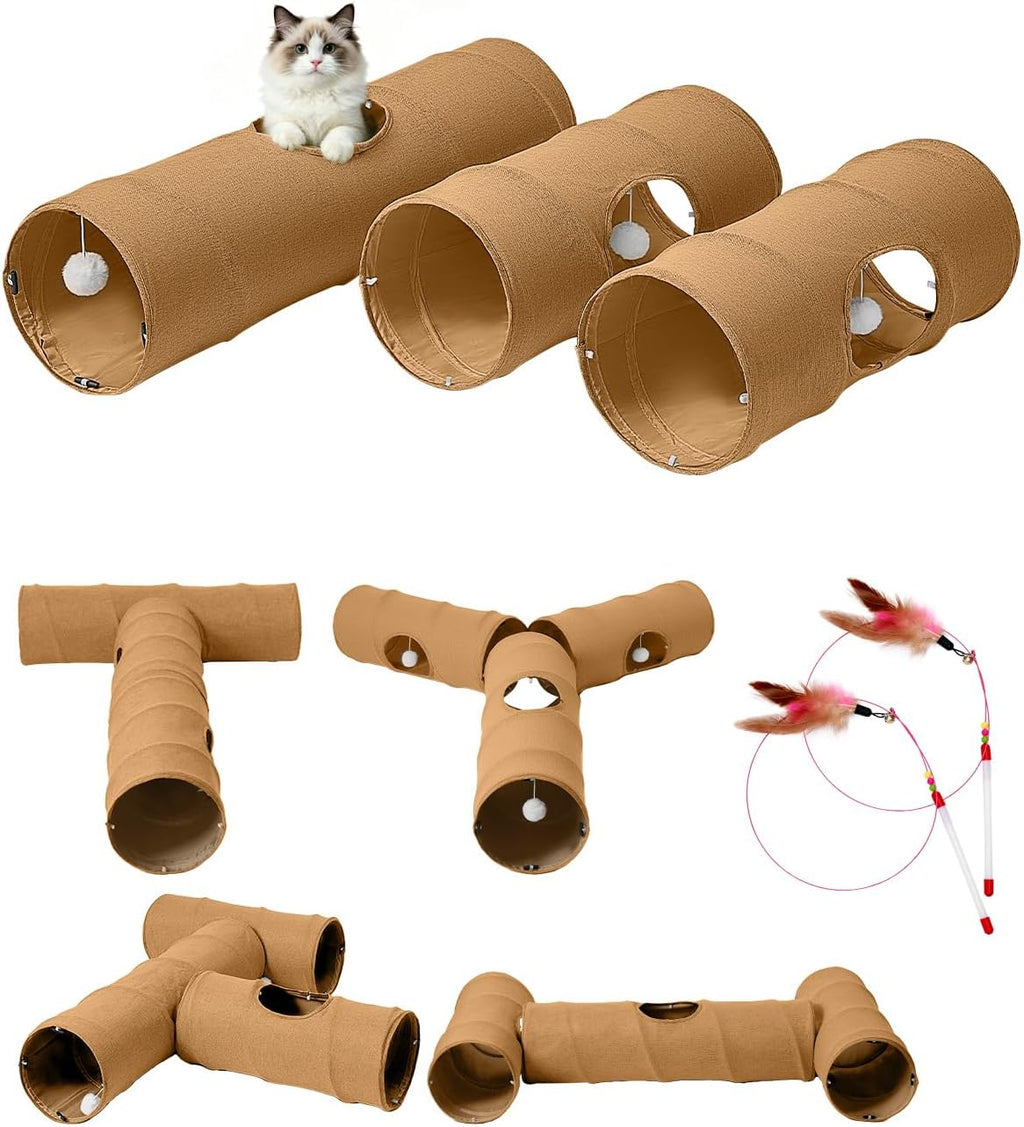 Cat Tunnel, 3 Straight Shaped Tunnels 6 DIY Shapes with Wand Toys, No Noise Scratch Resistant Cool Linen Fabric, Interac