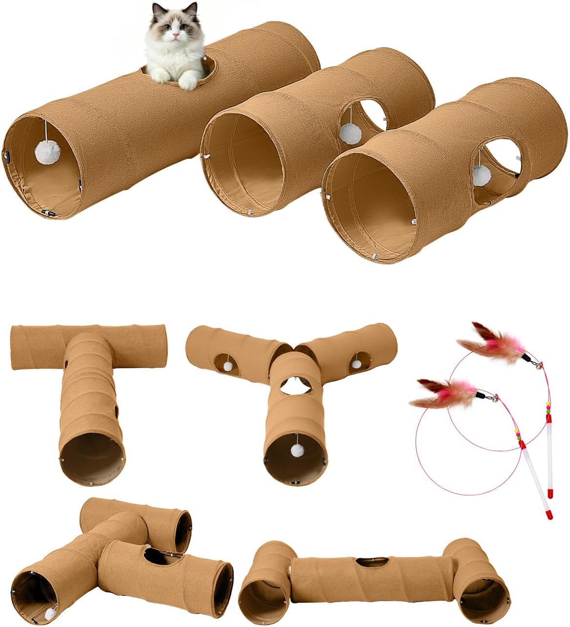 Cat Tunnel, 3 Straight Shaped Tunnels 6 DIY Shapes with Wand Toys, No Noise Scratch Resistant Cool Linen Fabric, Interac