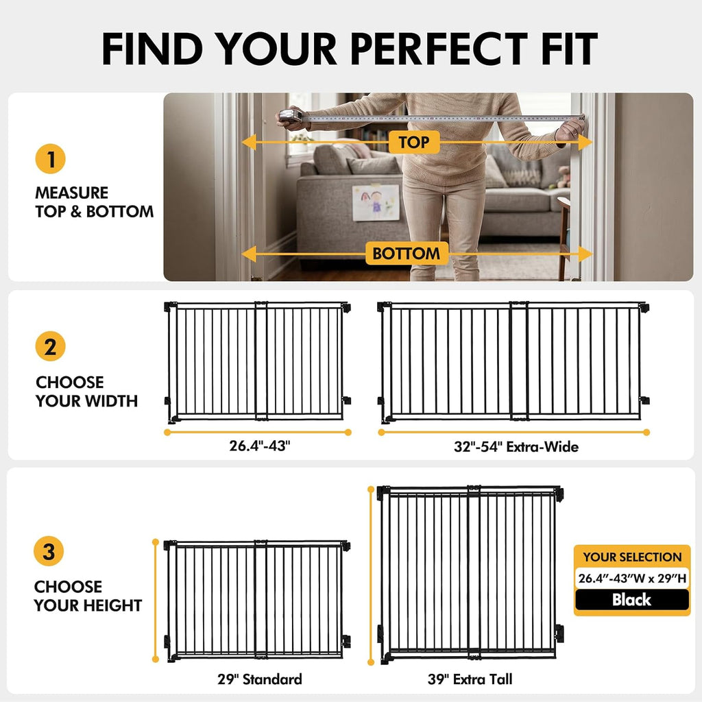 Baby Gate with No Bottom Bar, 29" H x 26.4-43" W, Black | Drill Required, Hardware Mounted, One-Hand Operation, Auto Clo