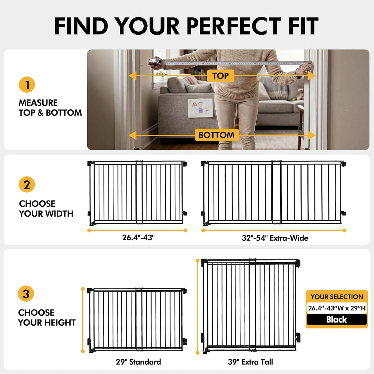 Baby Gate with No Bottom Bar, 29" H x 26.4-43" W, Black | Drill Required, Hardware Mounted, One-Hand Operation, Auto Clo