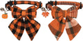 PTDECOR Fall Cat Collar with Stylish Bow, Thanksgiving Orange Plaid Collar