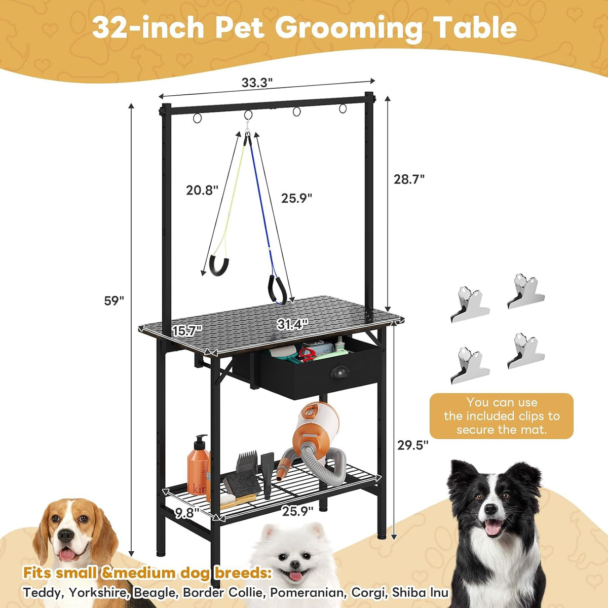 Dog Grooming Table with Drawers and Mesh Tray,32 Inch Adjustable Pet Grooming Table with Non-slip Removable Washable Mat
