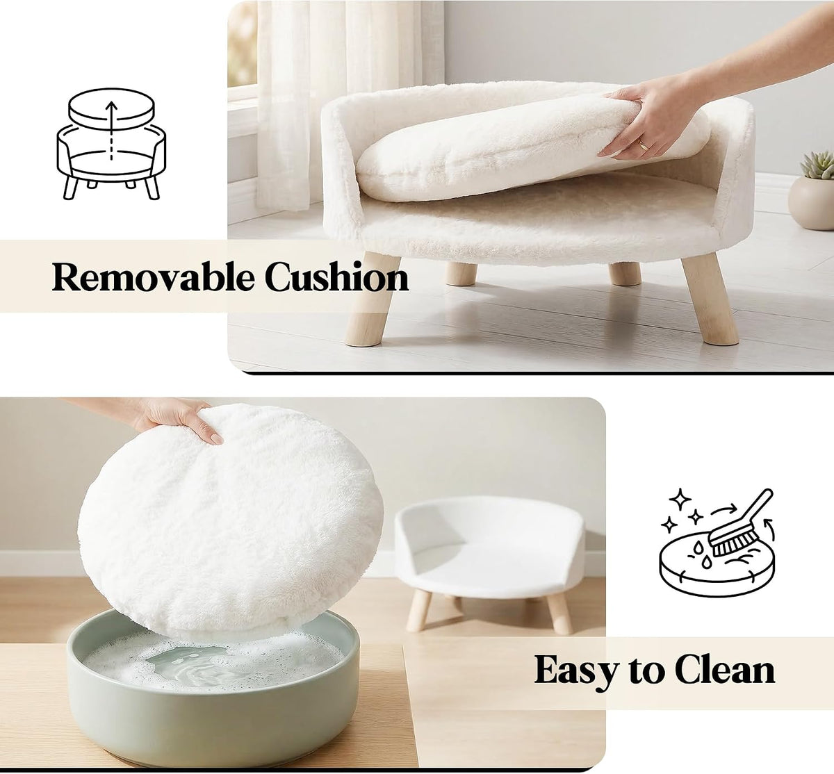 Happy & Polly Cat and Dog Sofa Bed, Cream, Plush, 21 in, Removable Cushion (Large)
