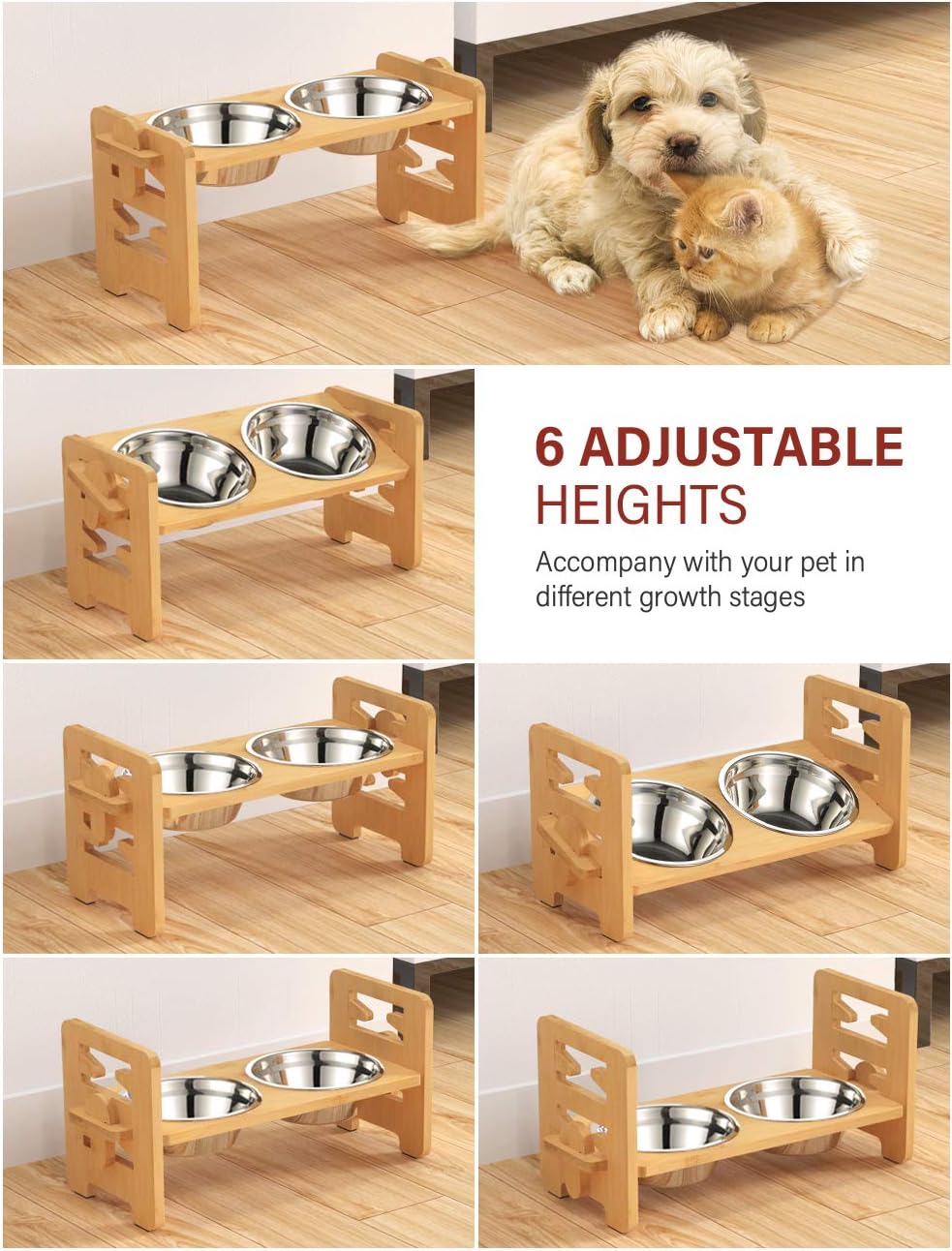 Elevated Dog Bowls, Raised Dog Bowl Stand Adjustable Small, Natural