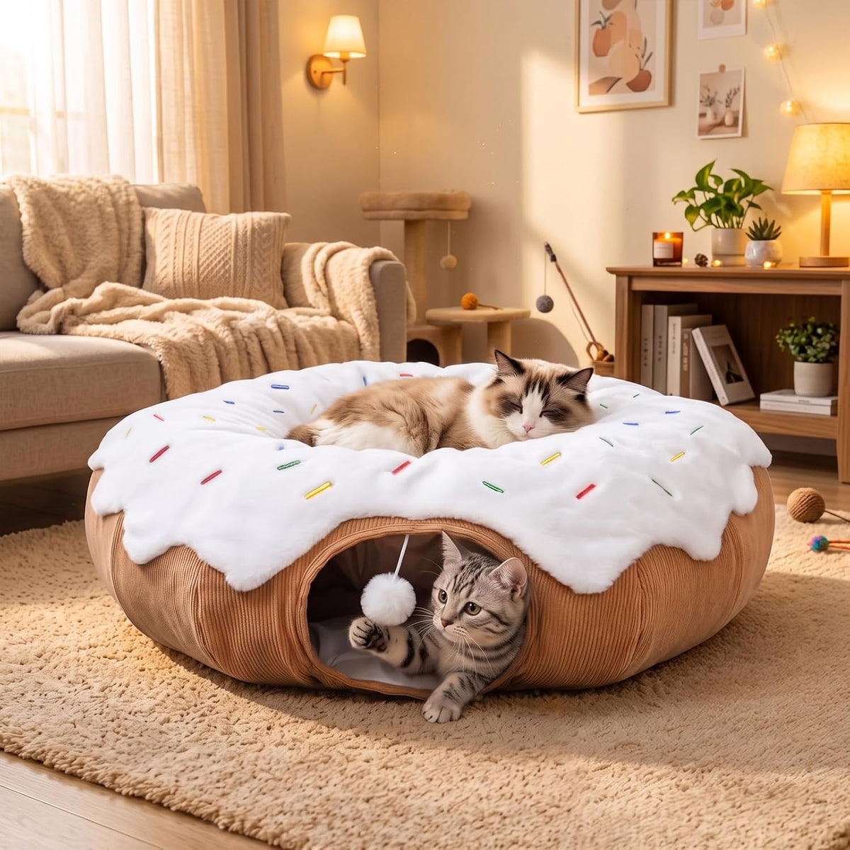 Donut Cat Bed Tunnel for Indoor Cats with Hanging Pom Pom Toy