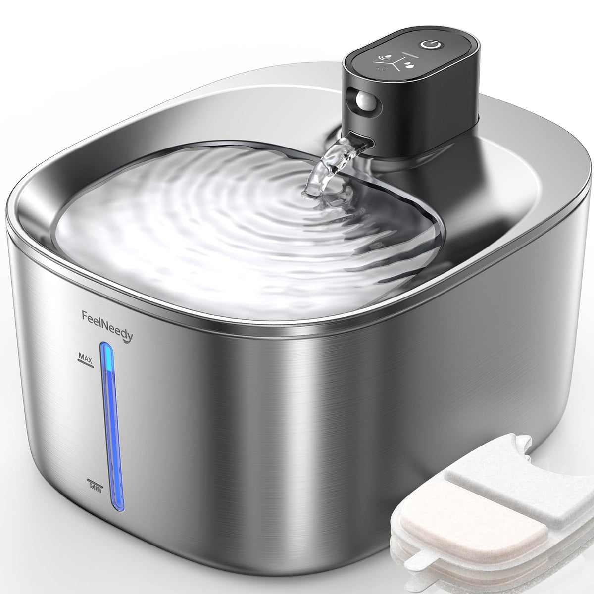 FEELNEEDY Wireless Cat Water Fountain Stainless Steel with Sensor, 4000mAh Battery Operated, 4L/135fl oz Pet Water Fountain for Cats Dogs, Ultra Quiet Cat Drinking Fountain with 2 Filters (YPD-C004S)