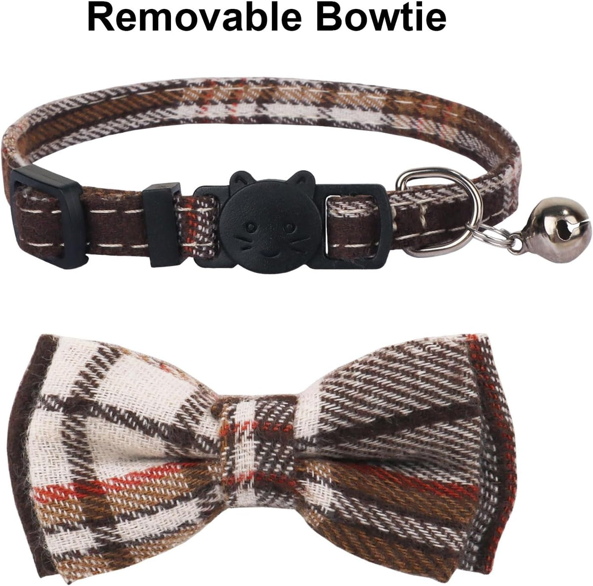 PTDECOR Fall Cat Collar with Bandana Bow, Thanksgiving Brown Plaid Collar