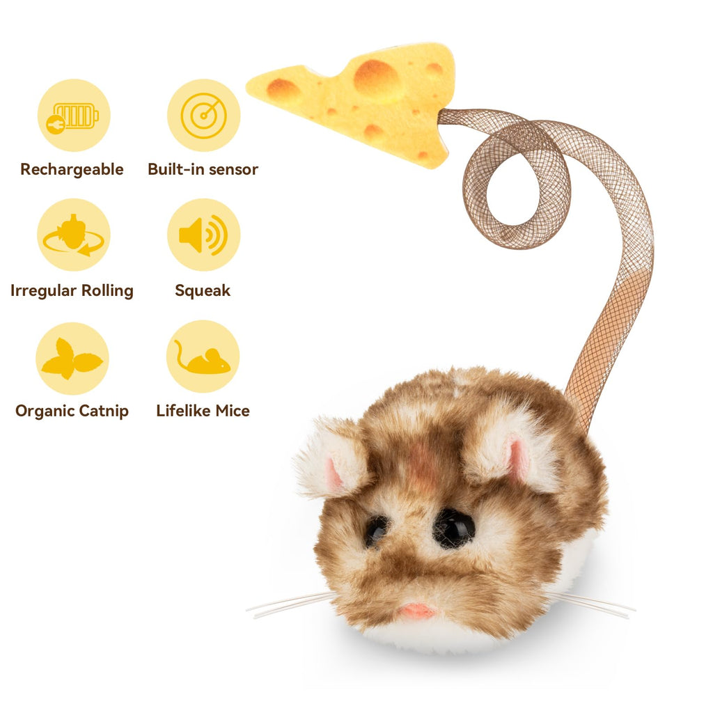 Migipaws Interactive MigiMouse Cat Toy 360° Rolling & Spin with Mesh Plastic Tail for Indoor Cats Smart Motion Sensor, Realistic Squeak, Rechargeable Plush Kitten Toy(Brown Long)