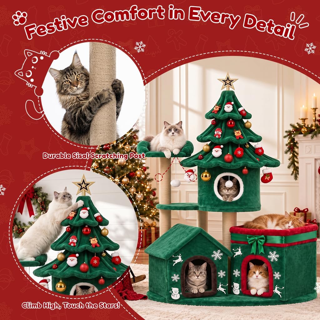 LUCKLIFE 63" Christmas Cat Tree Multi-Level Cat Condo Tower
