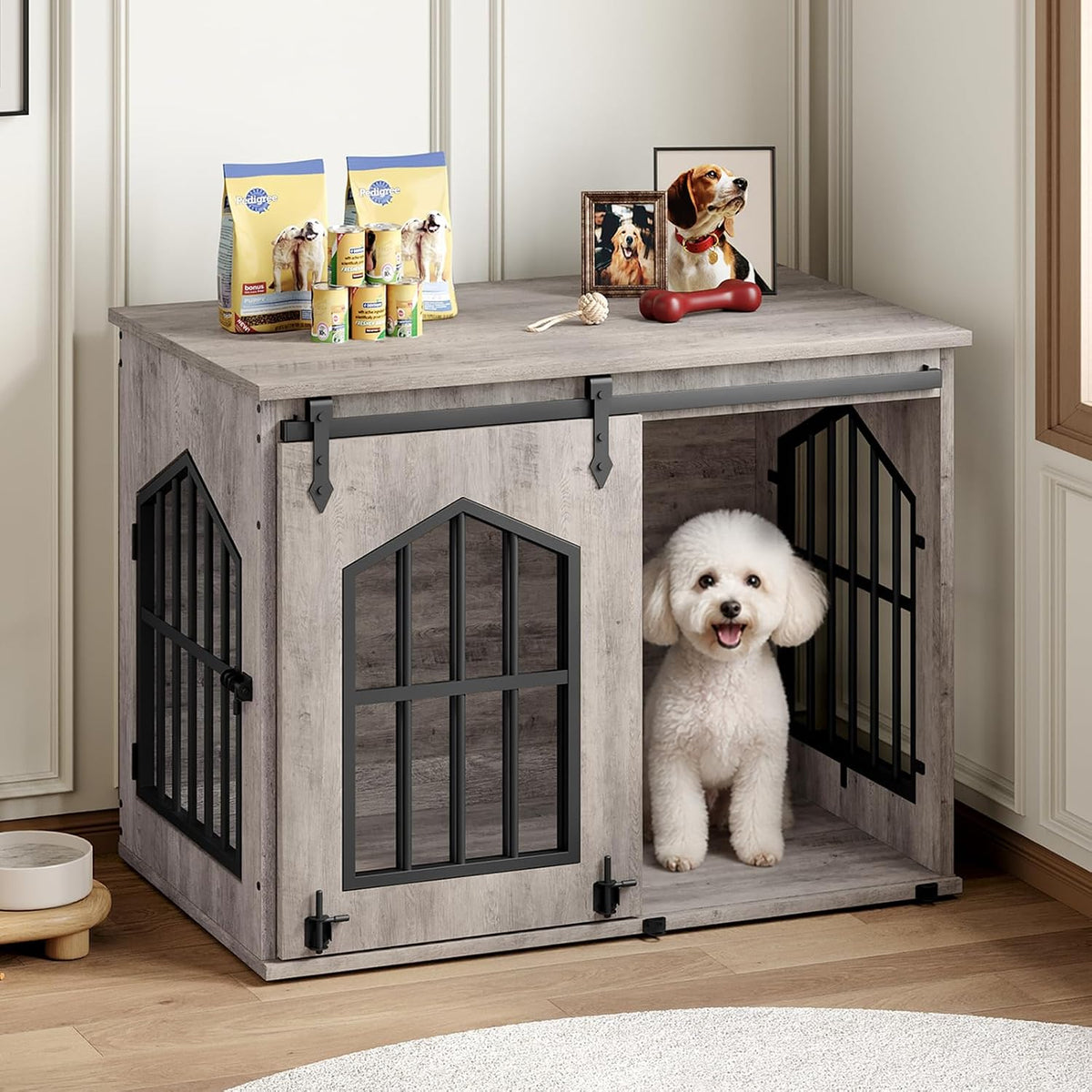 MAHANCRIS Dog Crate Furniture, 31.5" Farmhouse Dog Kennel with Sliding Barn Door, Wooden Dog Cage for Small Medium Dogs,