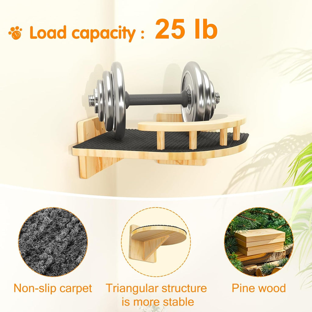 XiaZ Cat Wall Shelves, Corner Cat Shelf with 3 Wide Perch Steps, Kitty Wall Climber Wooden Furniture up to 25lbs, Modern