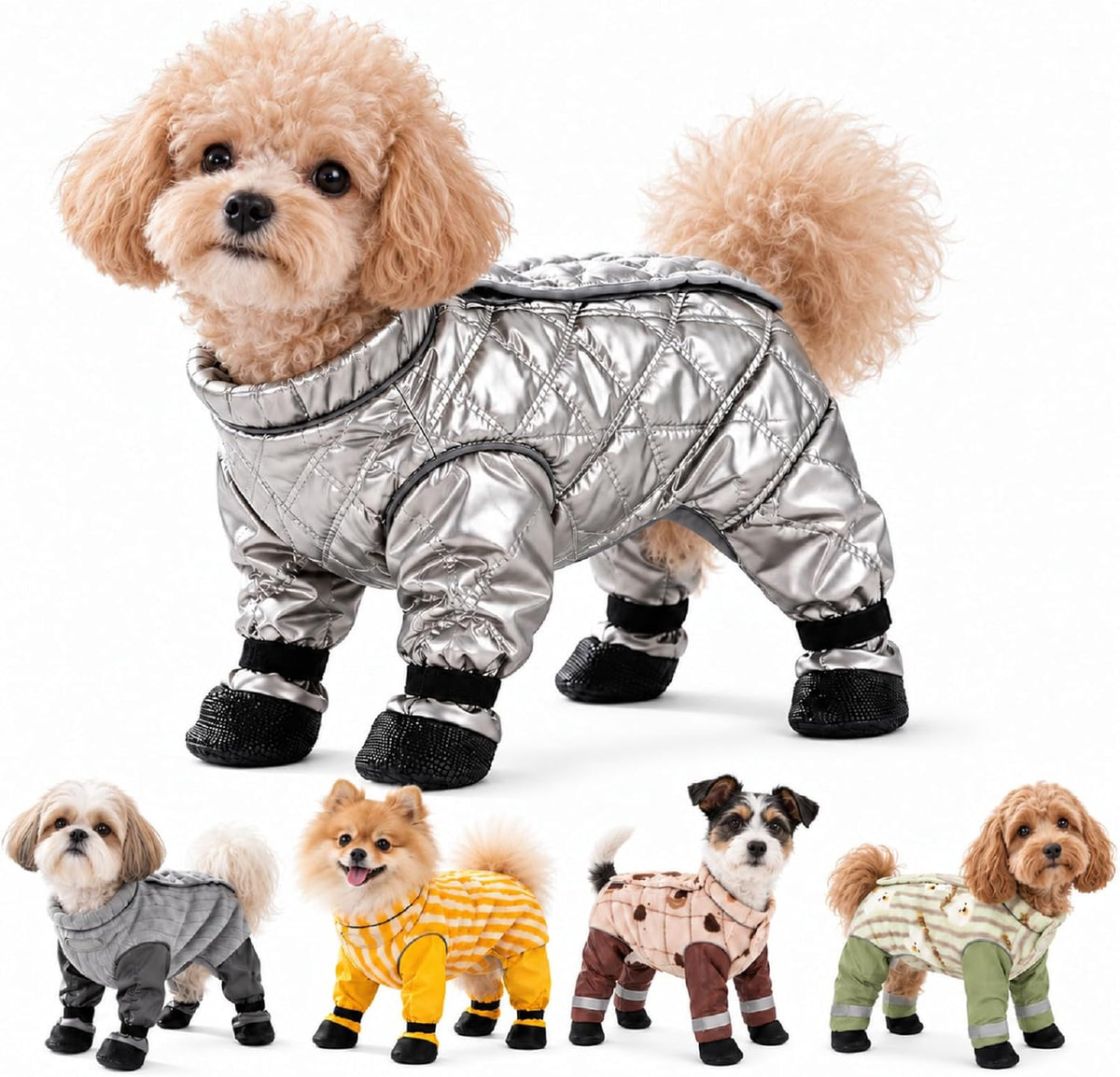 2027 New Dog Snowsuit with Attached Boots Full Body Winter Coat (Silver,Medium)