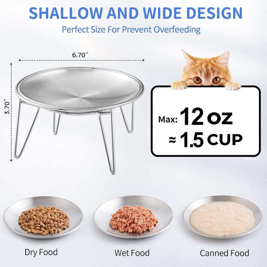 Elevated Cat Bowls, 304 Stainless Steel Raised Cat Dishes, Extra Wide Shallow Cat Bowl for Whisker Fatigue Relief & Flat