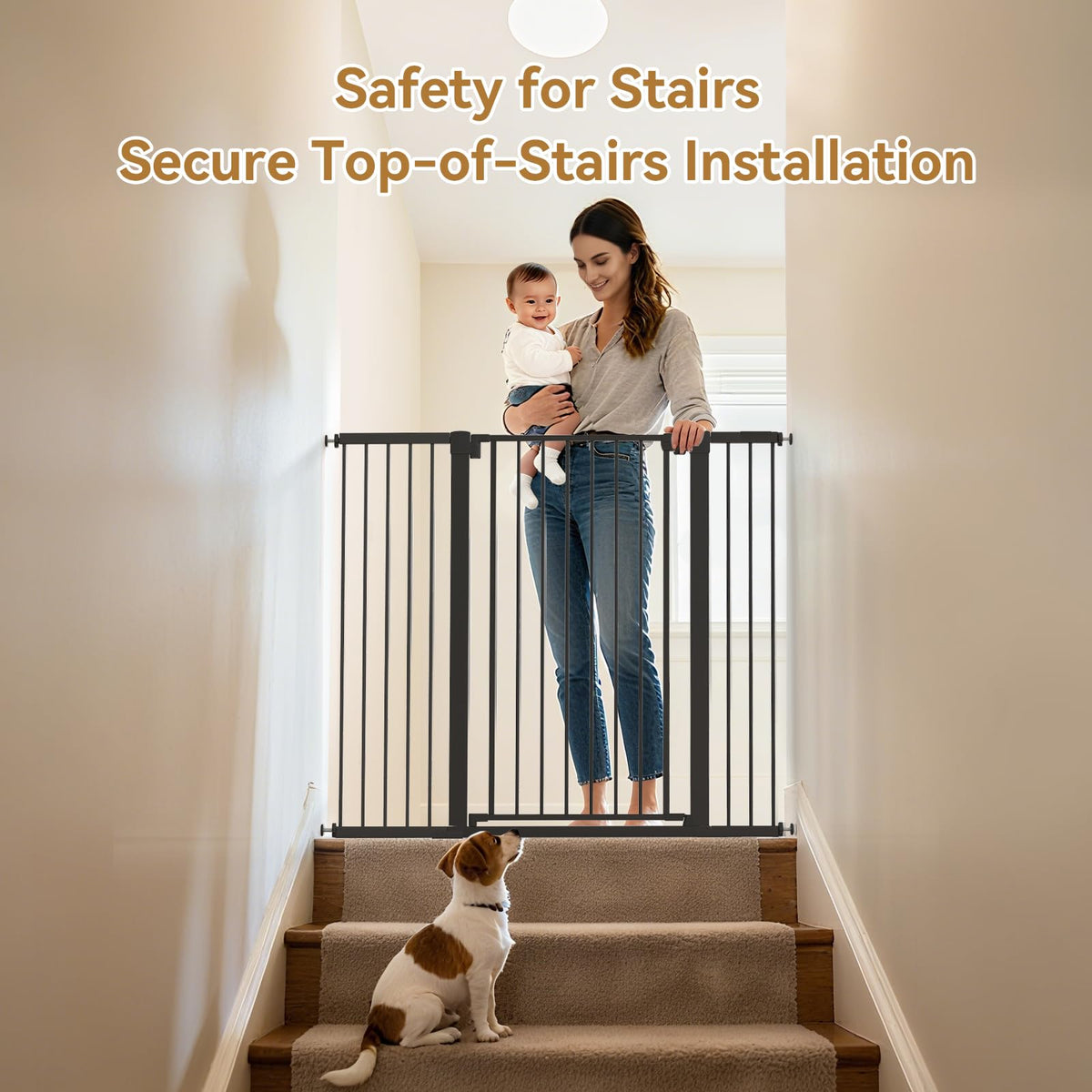 KODYRU 43 inch Tall Safety Baby Gate Adjustable 29.7-45.2inch Extra-Wide Metal Baby Gate Drill-Free Pressure-Mount Installation kit Self-Closing BabyGate for Stairwells、Doorways（Black）