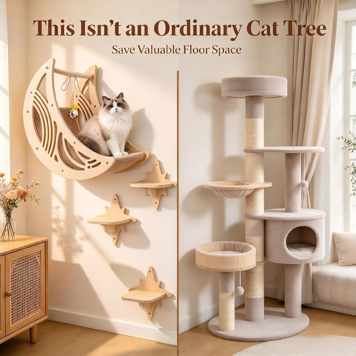Moon & Star Cat Wall Shelves - Boho Wooden Indoor Cat Climbing Furniture