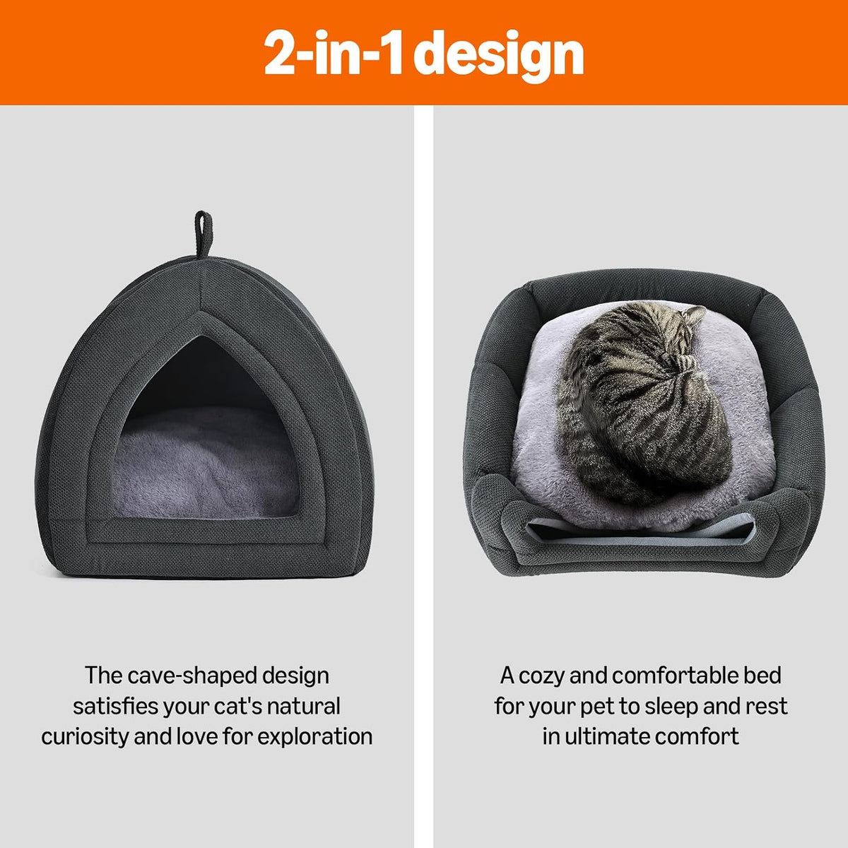 Amazon Basics Cat Bed Cave, 2-in-1 Foldable House for Indoor Cats, with Washable Cushion and Non-Slip Base, 17.5 x 17.5 