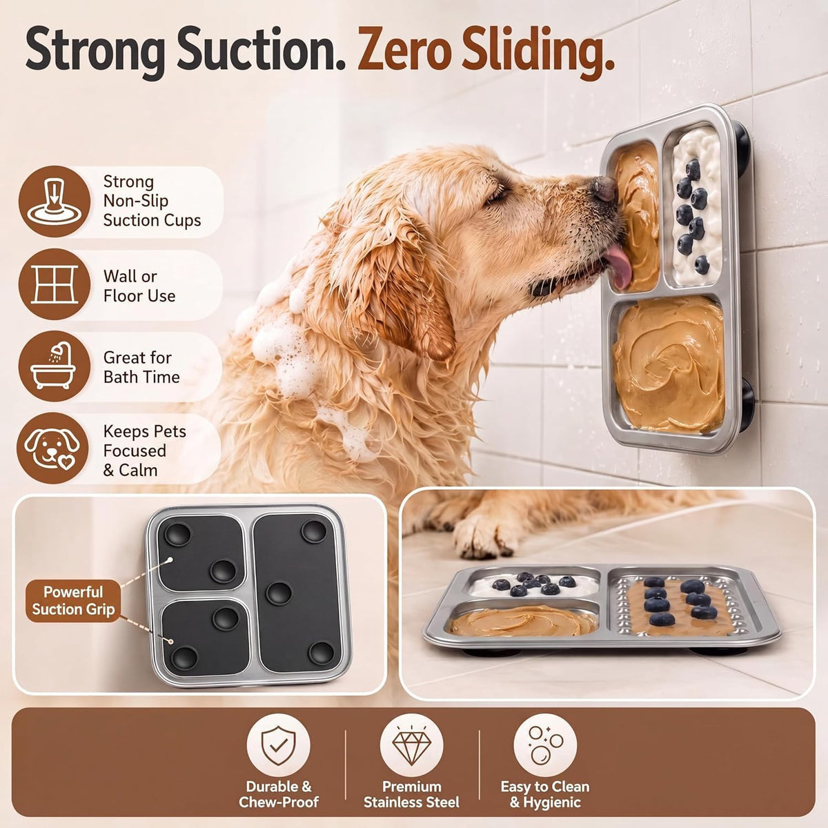 2 Pack - Stainless Steel Lick Mat for Dogs & Cats, Large Non-Slip Slow Feeder Pad with Suction Cups, Chew-Proof Dog Lick