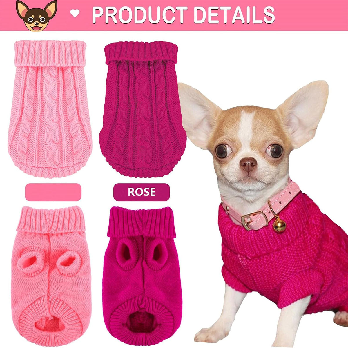 XXS Dog Sweater, 2 Pieces Turtleneck Knitted Chihuahua Sweater