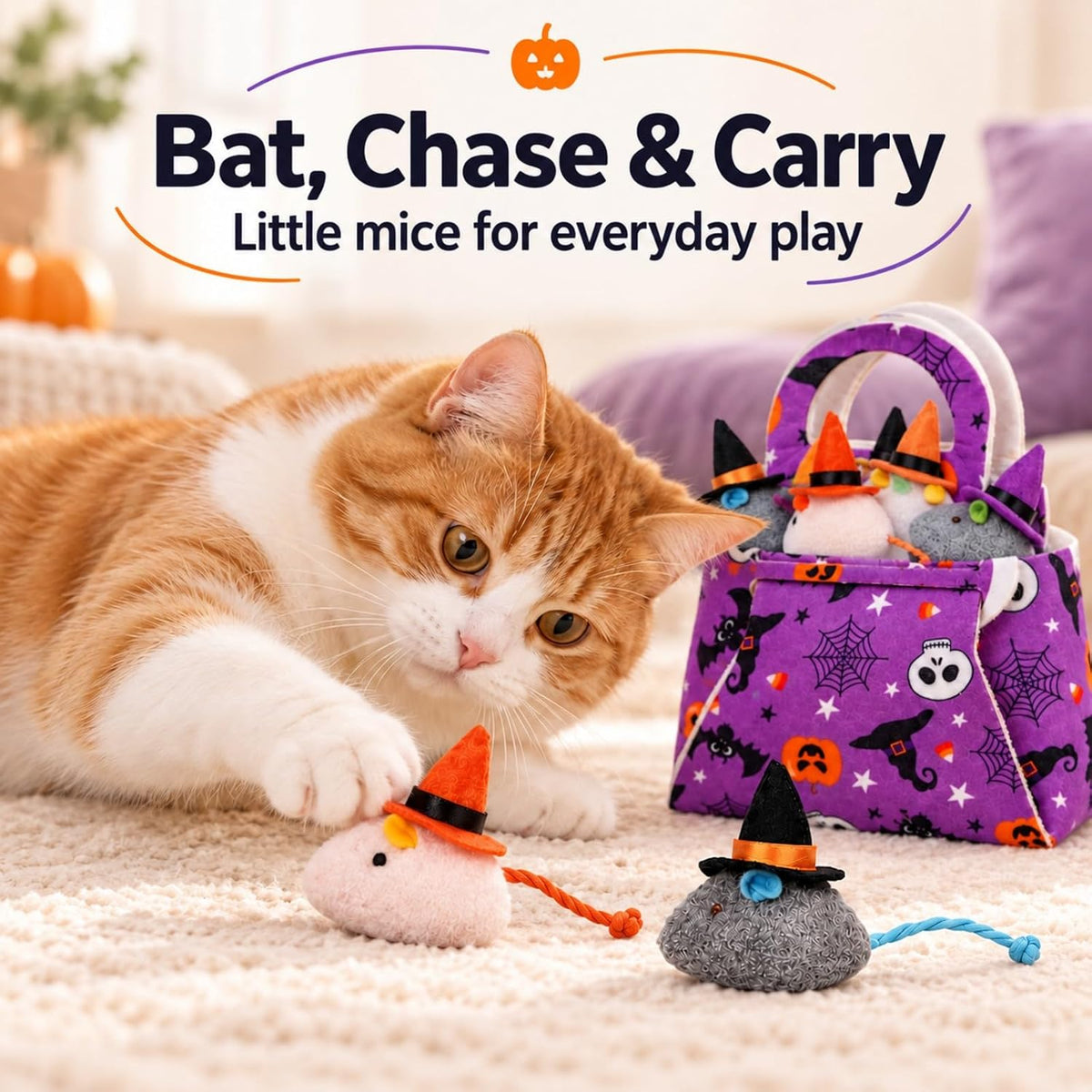 Halloween Cat Toys, 6-Pack Witch Hat Mice with Felt Gift Bag