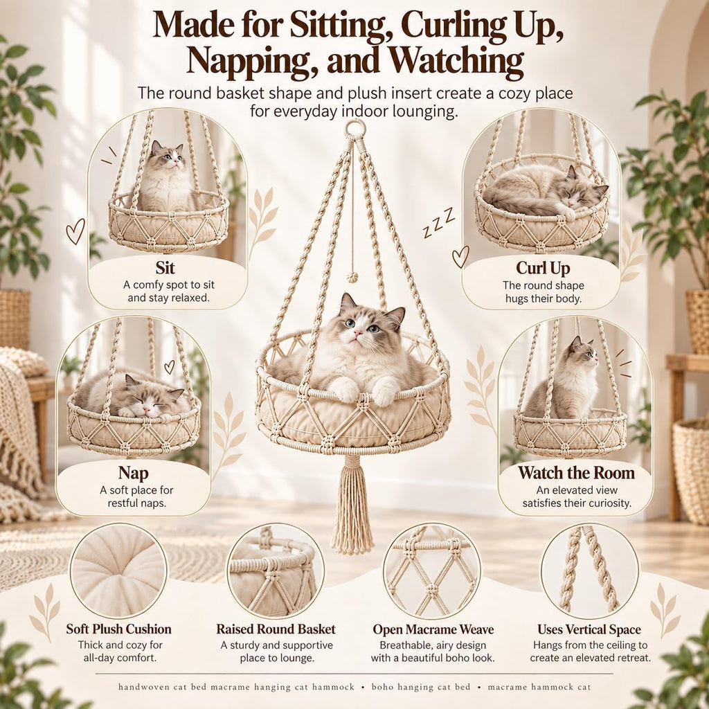 12-16in Boho Hanging Cat Hammock with Removable Plush Cushion (C, 16 * 48in)