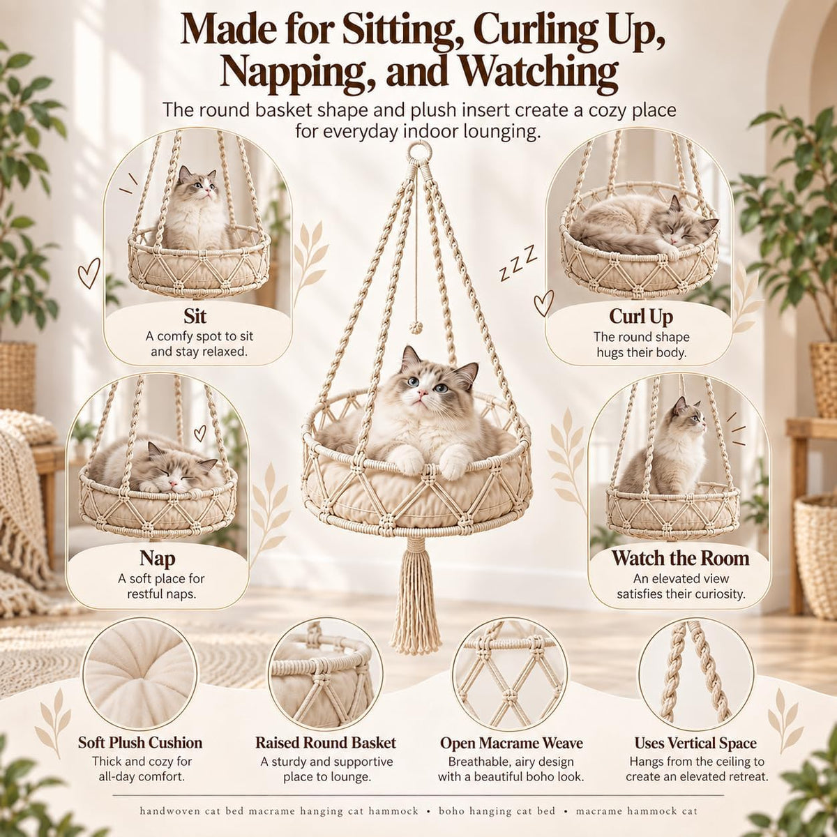 12-16in Boho Hanging Cat Hammock with Removable Plush Cushion (C, 16 * 48in)
