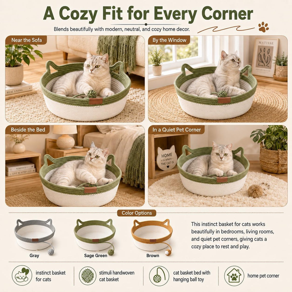 Instinct Basket for Cats - Stimuli Handwoven Cotton Rope Enrichment Bed