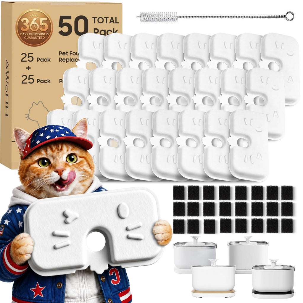 50+1 Pack Cat Water Fountain Filters Compatible with PETLIBRO Dockstream Water Fountain PLWF106/116/115/105/005, 1-year Set of Replacement Filters (25 Filters + 25 Sponges+1 Brush)