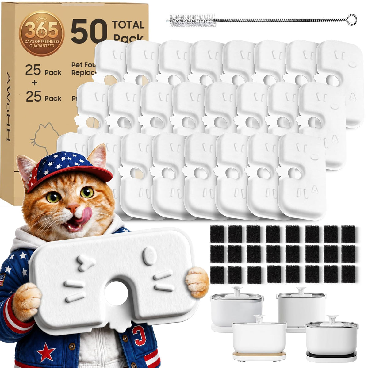 50+1 Pack Cat Water Fountain Filters Compatible with PETLIBRO Dockstream Water Fountain PLWF106/116/115/105/005, 1-year Set of Replacement Filters (25 Filters + 25 Sponges+1 Brush)