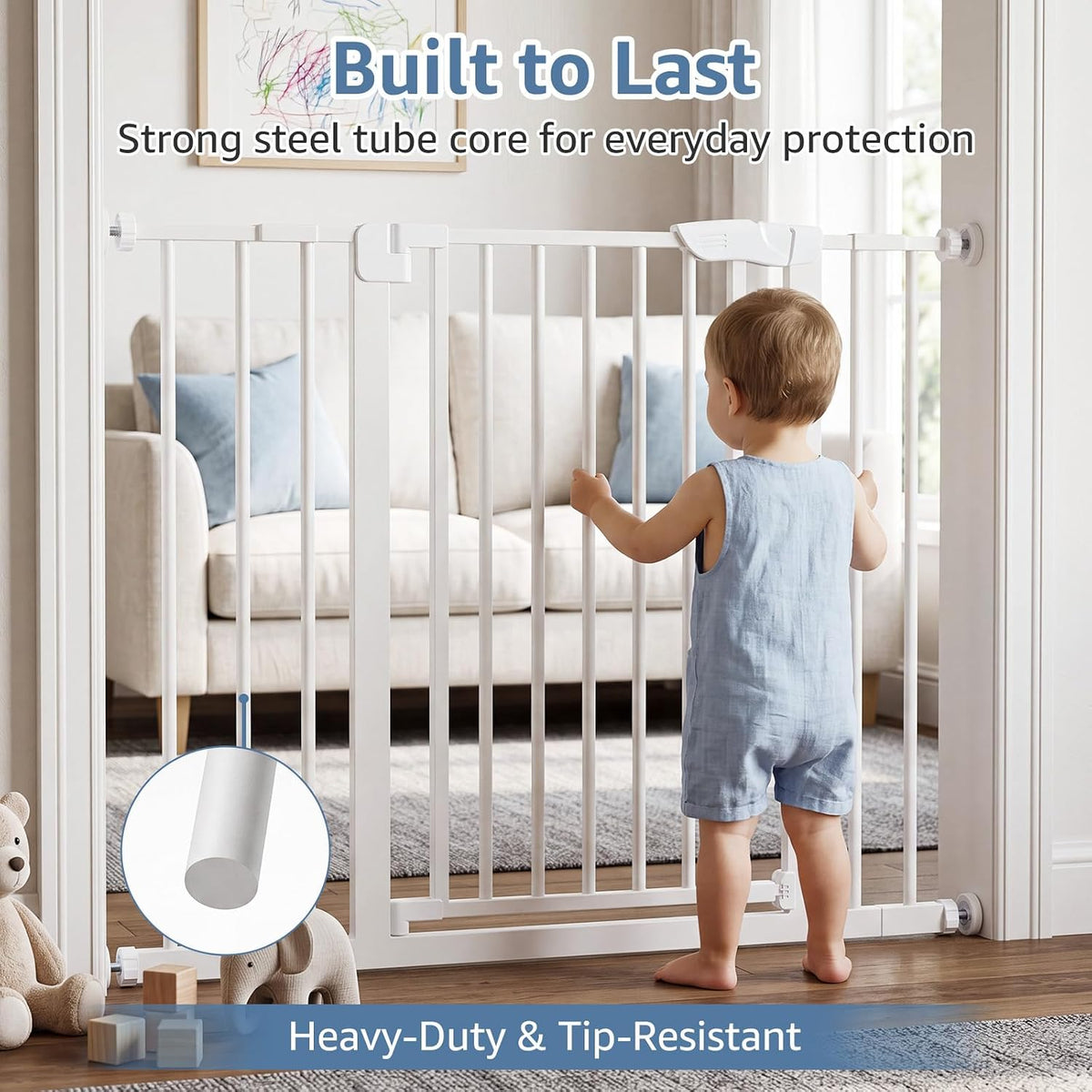 DUMOS 36 in Extra Tall Baby Gate for Stairs, 30-40.5 in, Auto Close, White