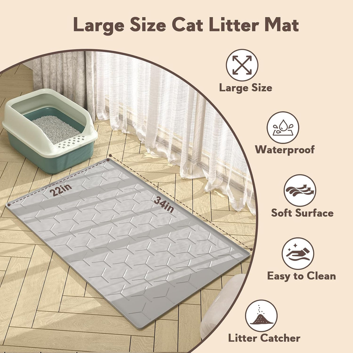 Silicone Cat Litter Mat 34×22 inch, Easy to Clean, Gray