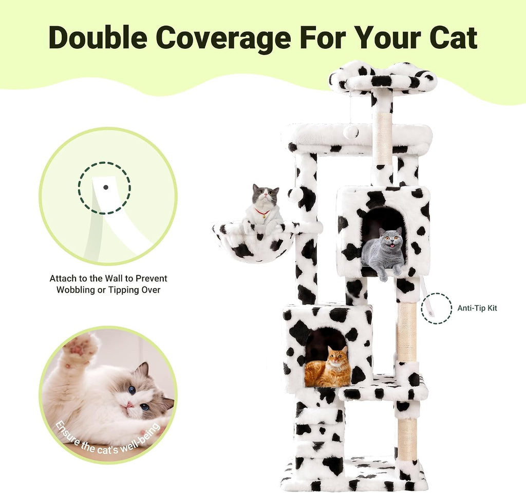 Allewie 64 Inches Multi-Level Cat Tree Tower for Indoor Cats, Cow Print
