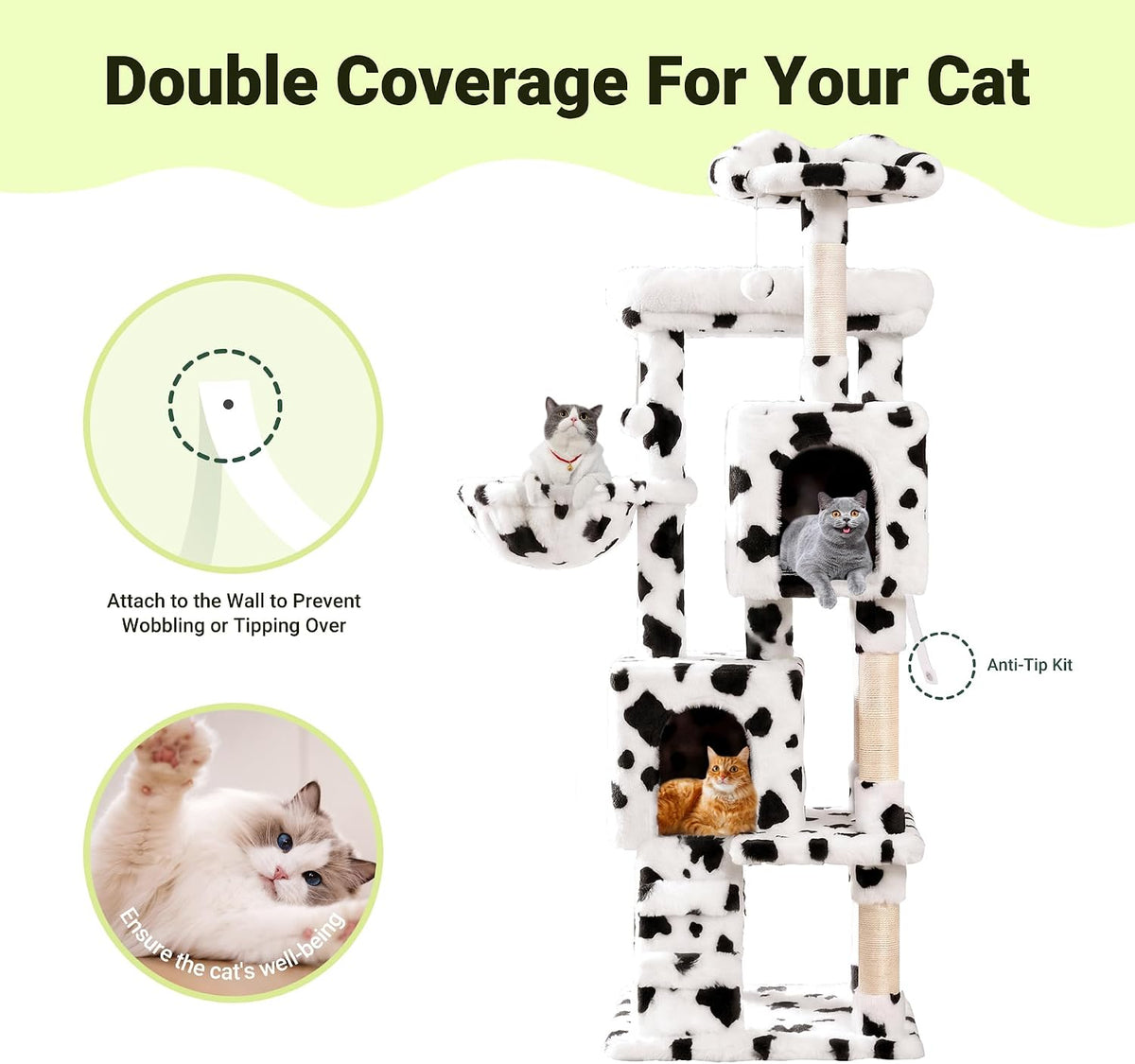 Allewie 64 Inches Multi-Level Cat Tree Tower for Indoor Cats, Cow Print