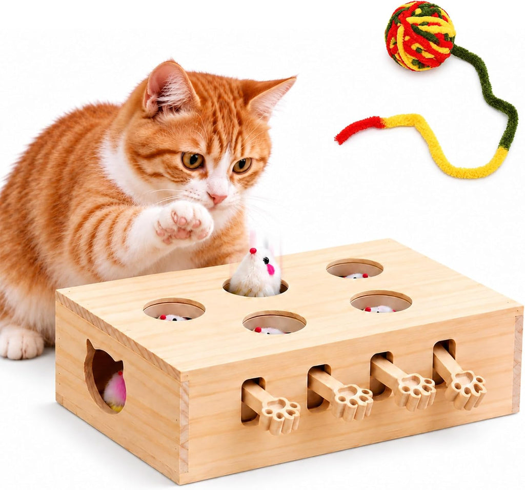 Wooden Whack-A-Mole Pet Game for Dog Cat Interactive Pop Up Puzzle Box, Solid Wood Interactive Cat Toy for Boredom Relie