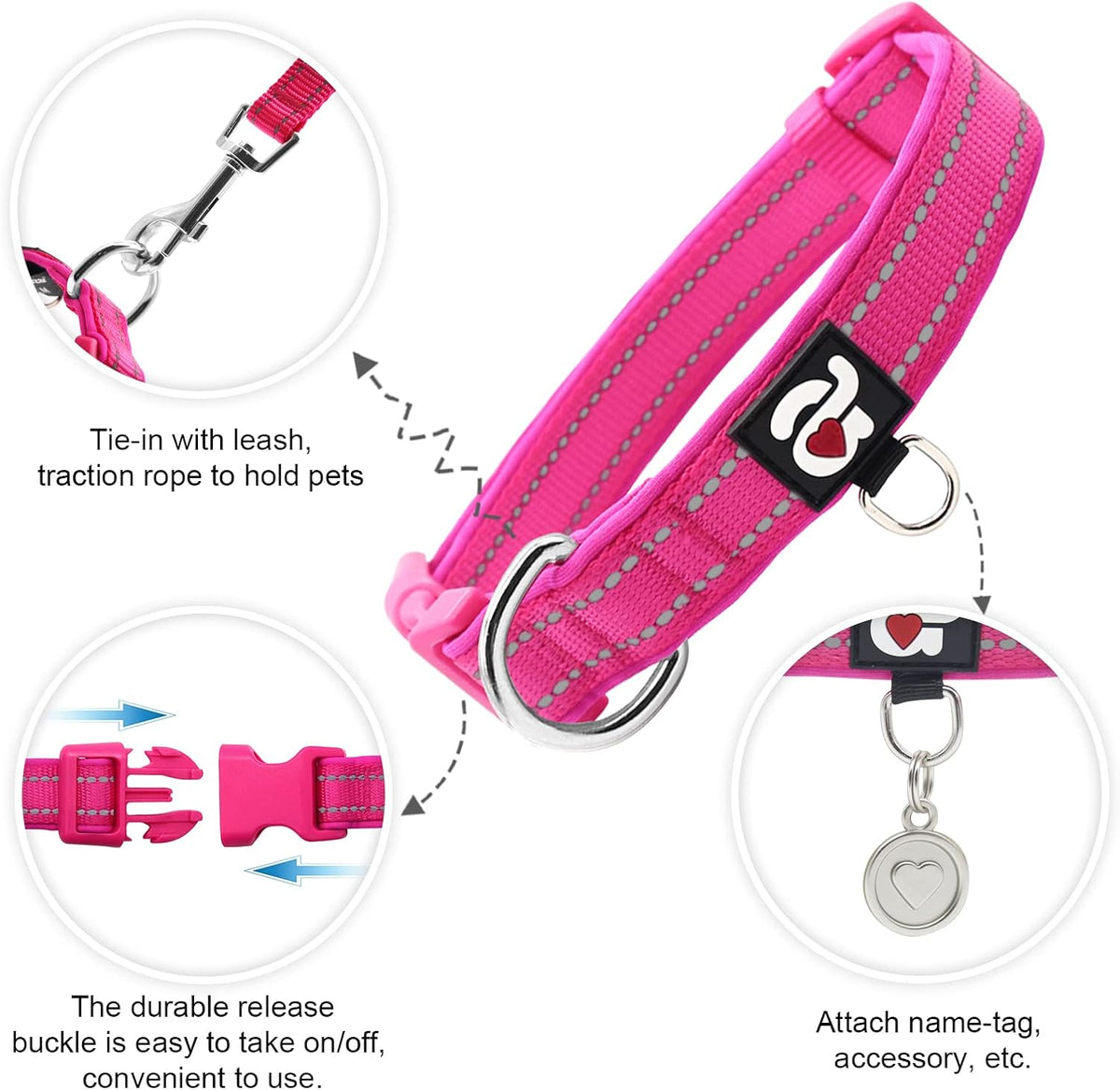 Reflective Dog Collar, Neoprene Padded Small Dog Collar, Hot Pink, S