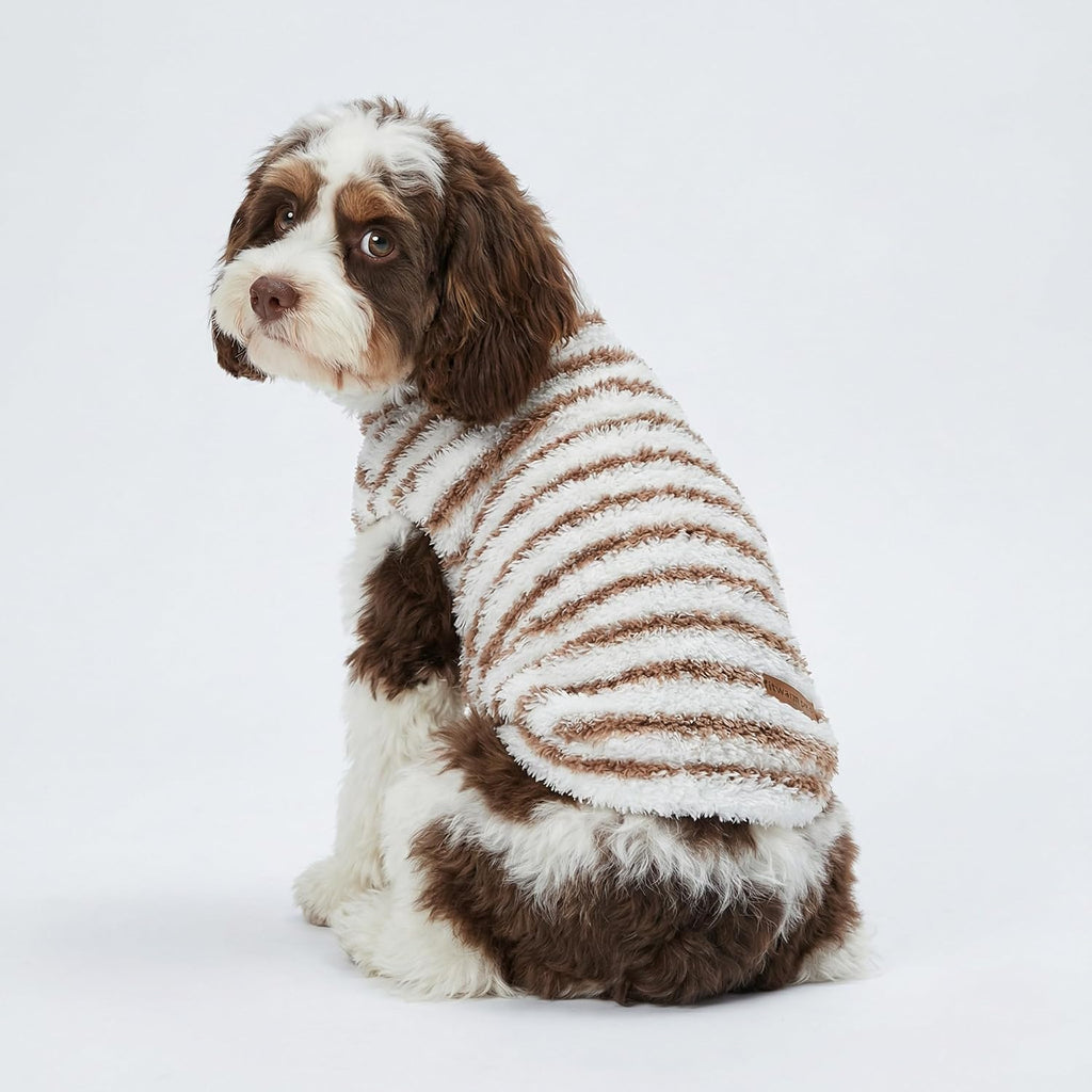 Fitwarm 2 Pack Striped Fleece Dog Sweater, Warm Winter Clothes for Small Dogs Boy Girl, Fuzzy Pet Outfit, White, Brown, 