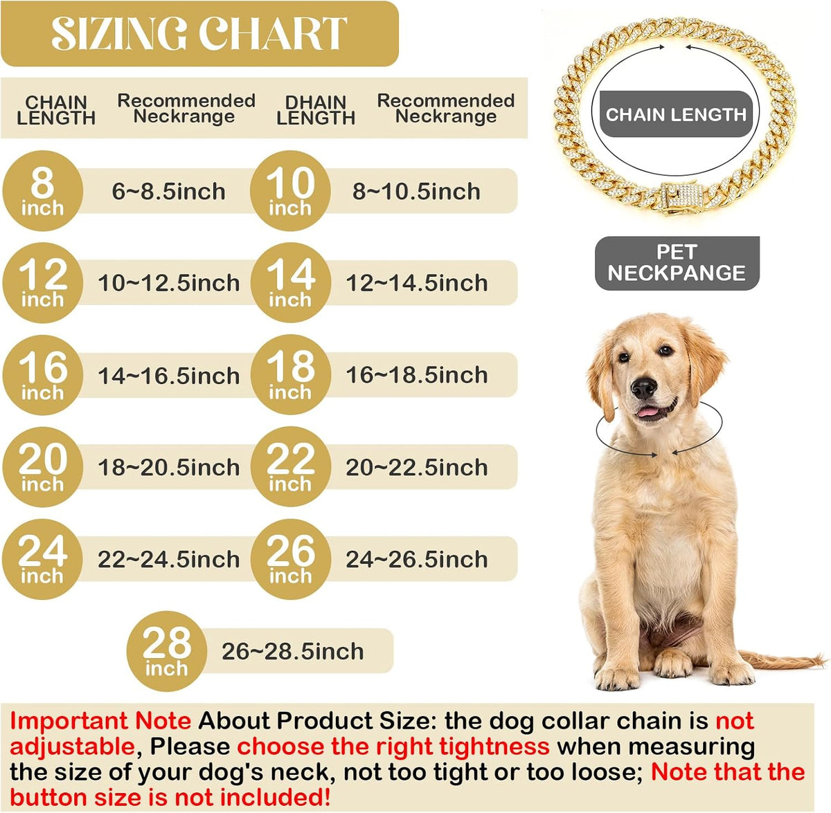 Dog Chain Cuban Dog Collar Pet Chain Necklace, 10 Inch, Gold