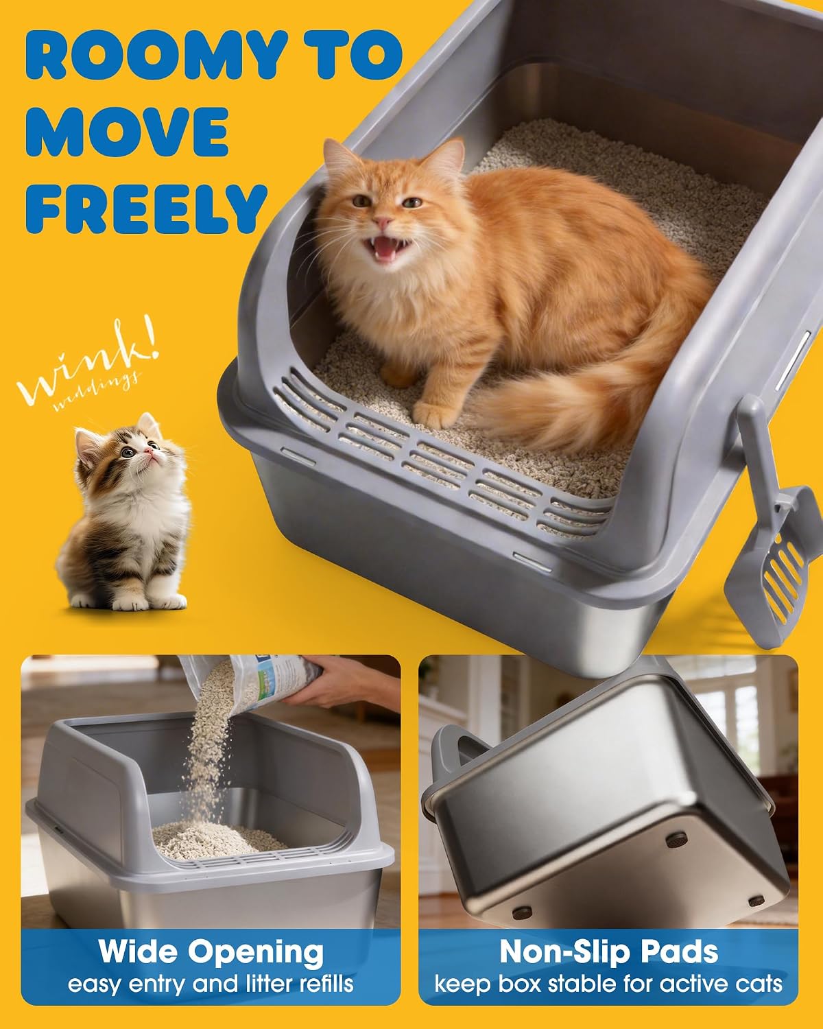 Powools Stainless Steel Cat Litter Box, High-Sided, Grey, M (1 Pack)