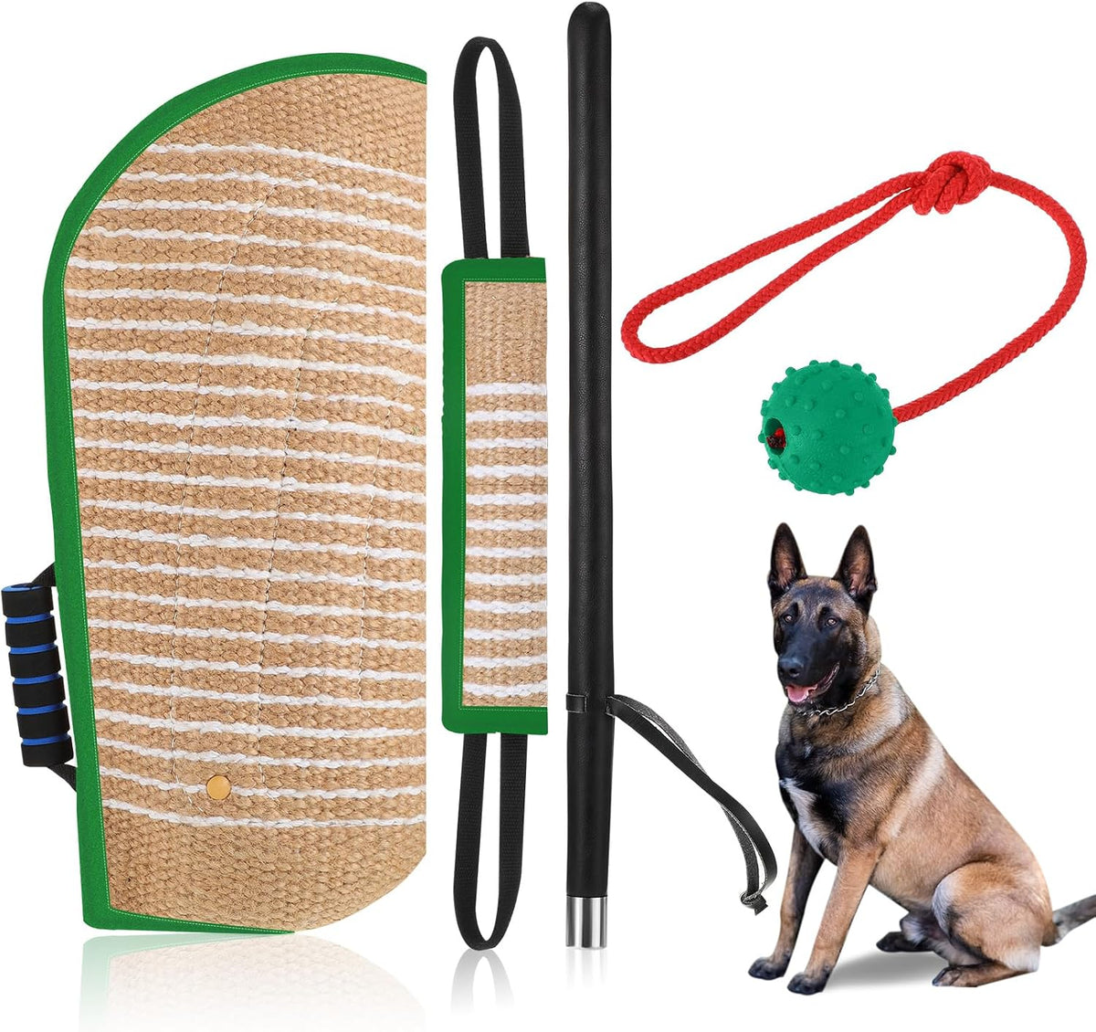 Leyndo 4 Pcs Dog Training Sleeve Set with Tug Pillow Stick Ball, Green