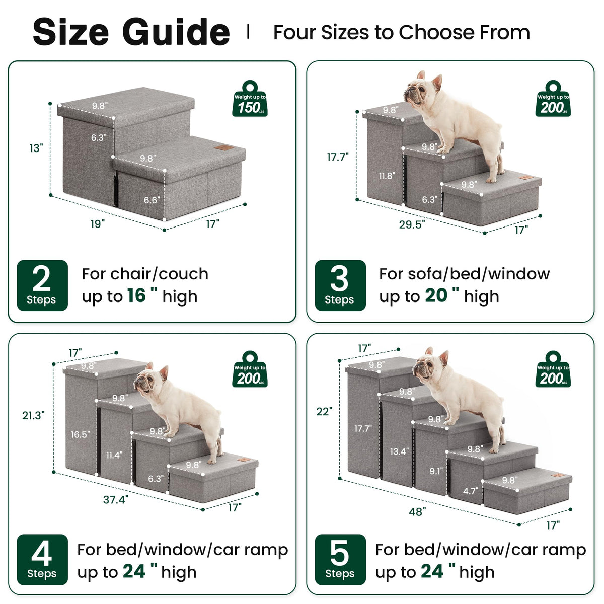 Love's cabin Dog Stairs for High Bed, Foldable Pet Stairs for Small Medium or Large Dogs Puppy with Storage for Bed or Couch, Cat Dog Steps Ramp with Zip up to 200 lbs, Solid Grey, 3 Steps