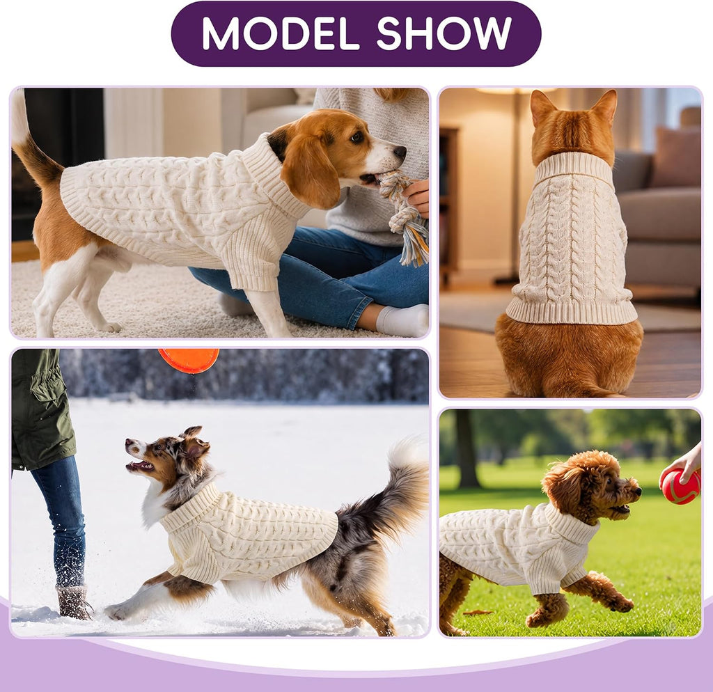 Dog Sweater Turtleneck Cable Knit Pet Sweater for Medium Large Dogs Soft Warm Cream White Dog Winter Clothes with Sleeve