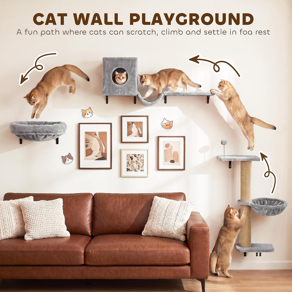 PawHut 3-in-1 Cat Wall Shelves, Wooden Cat Climbing Furniture, Gray