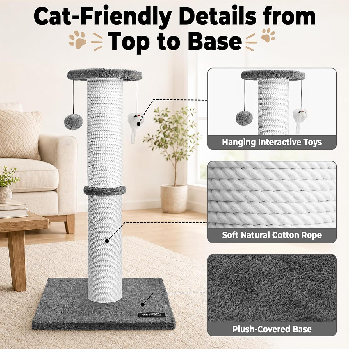 34-Inch Tall Cat Scratching Post for Large Cats, Stable Base, Gray