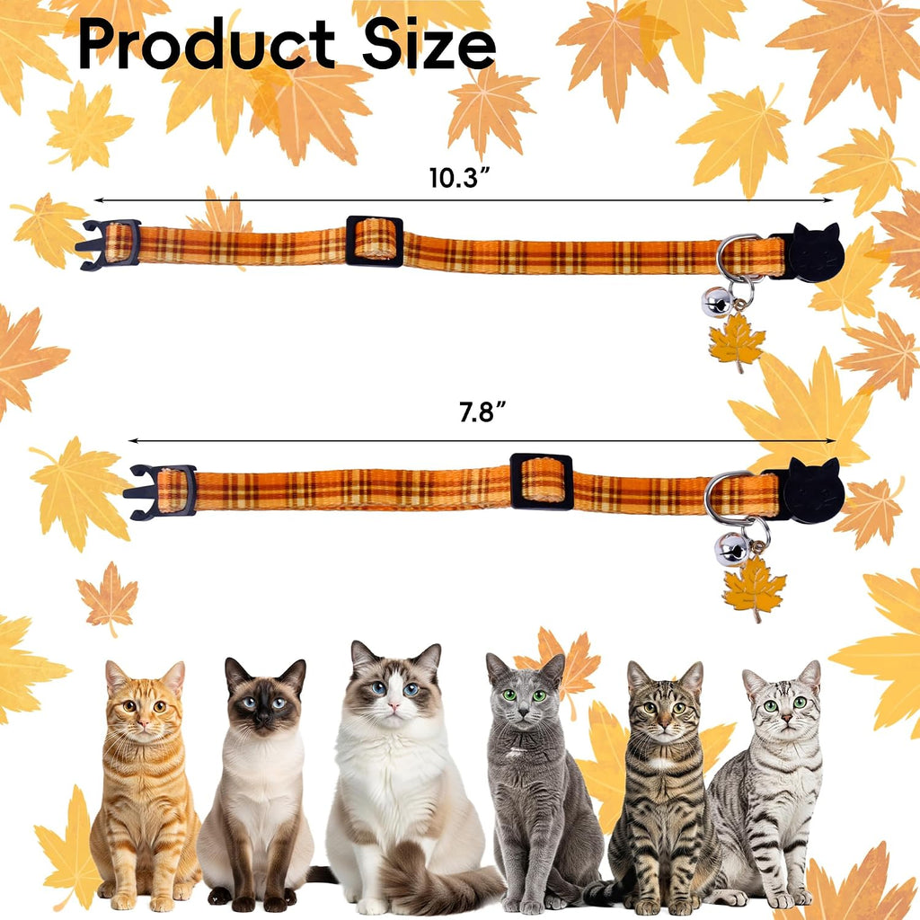 4 Pack Thanksgiving Cat Collars Breakaway with Bell and Charm Adjustable Fall Kitten Collar Set Pumpkin, Turkey, Maple L
