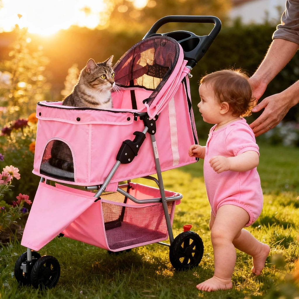 3 Wheel Pet Stroller for Dogs and Cats, Foldable Design