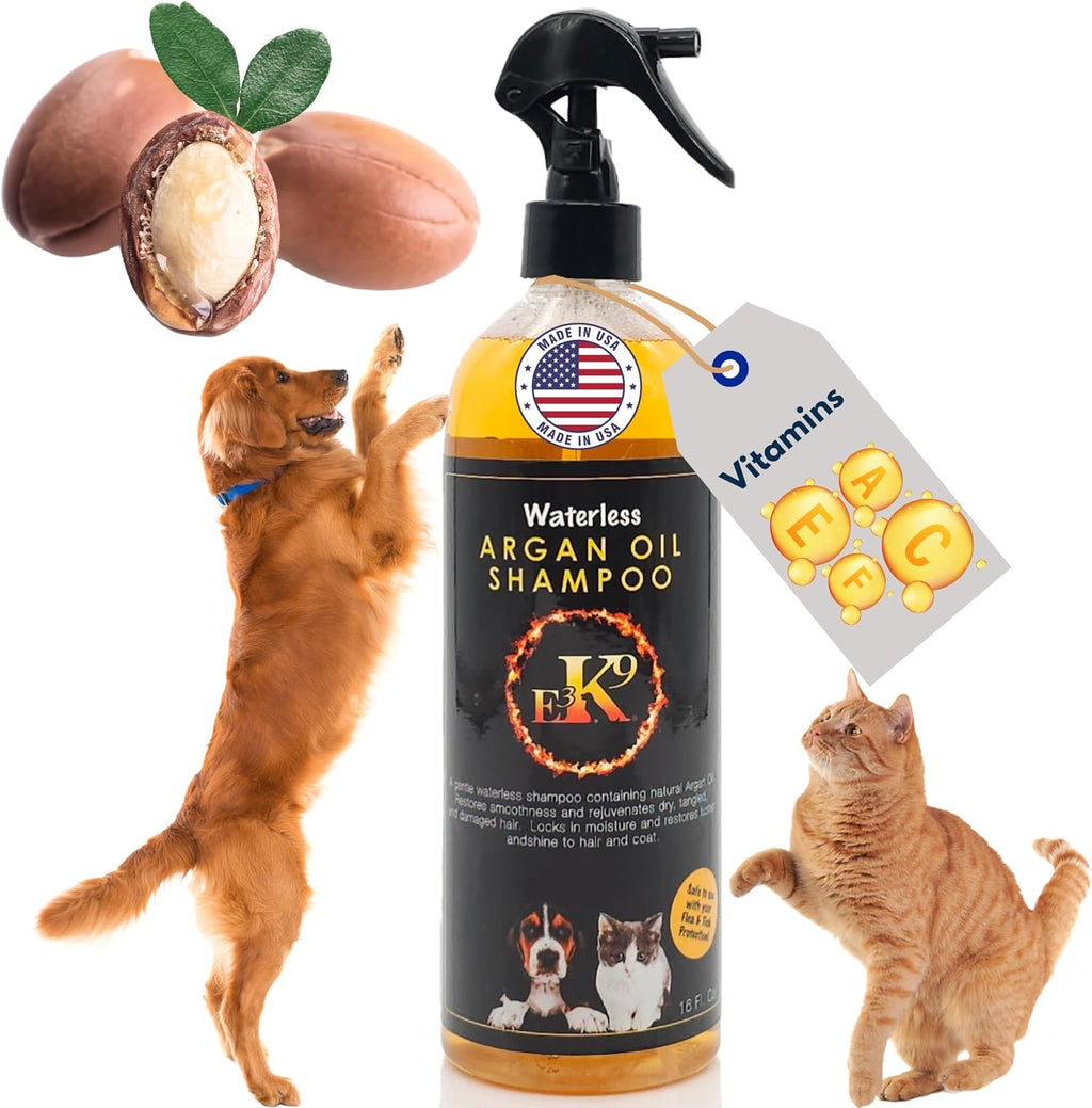 E3K9 Waterless Dog Shampoo 16 oz - Argan Oil Scented Dry Shampoo for Dogs & Cats - No Rinse - Waterless Pet Shampoo for 