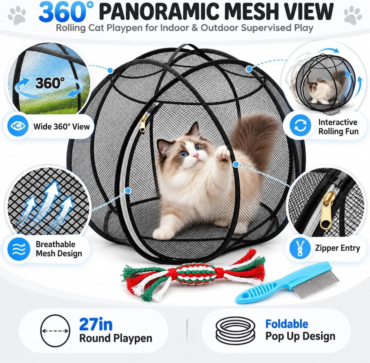27" 360 Panoramic Rolling Cat Playpen, Mesh Ball Enclosure Giant (Pink)
