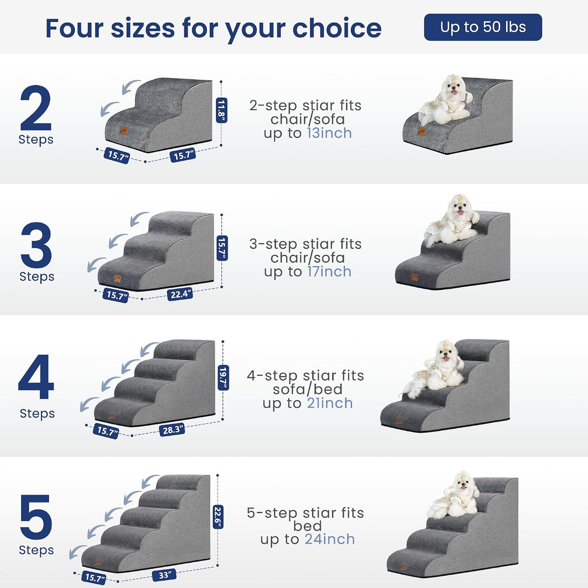 Dog Stairs for Small Dogs, 3-Step Pet Steps for Couch Sofa, Grey