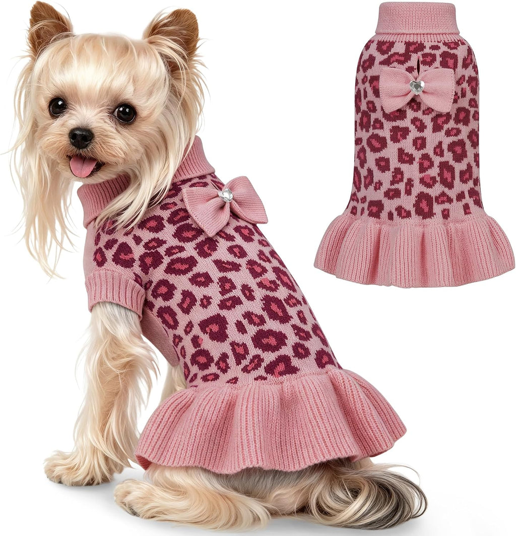 WOYYHO Small Dog Sweater Dress with Bowtie, Knitted Leopard Pet Dog Clothes